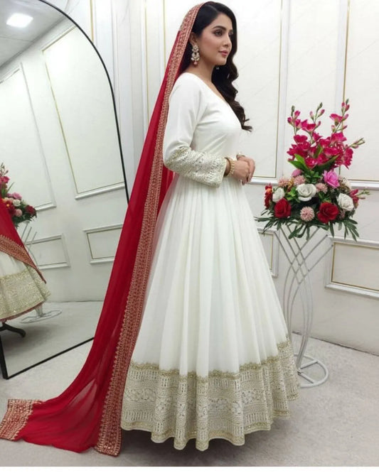 white anarkali dress with red dupatta