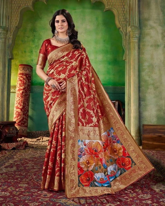 Woman in a red and gold saree with a floral Pallu on a patterned floor.