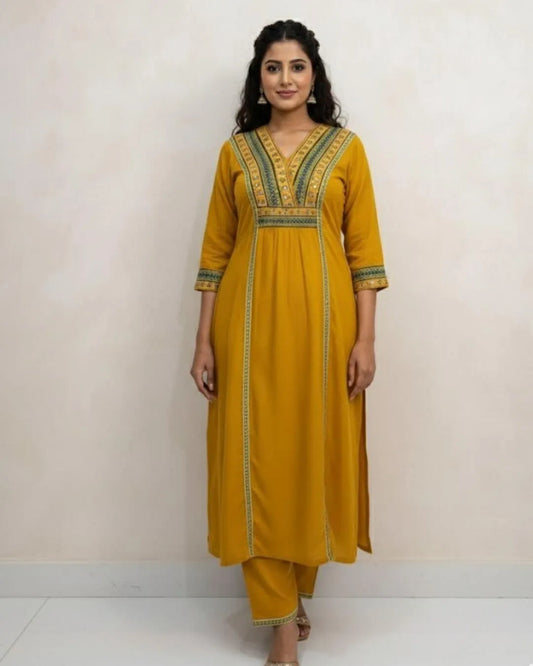 Yellow Colour Cotton Kurti Pant Dupatta Set