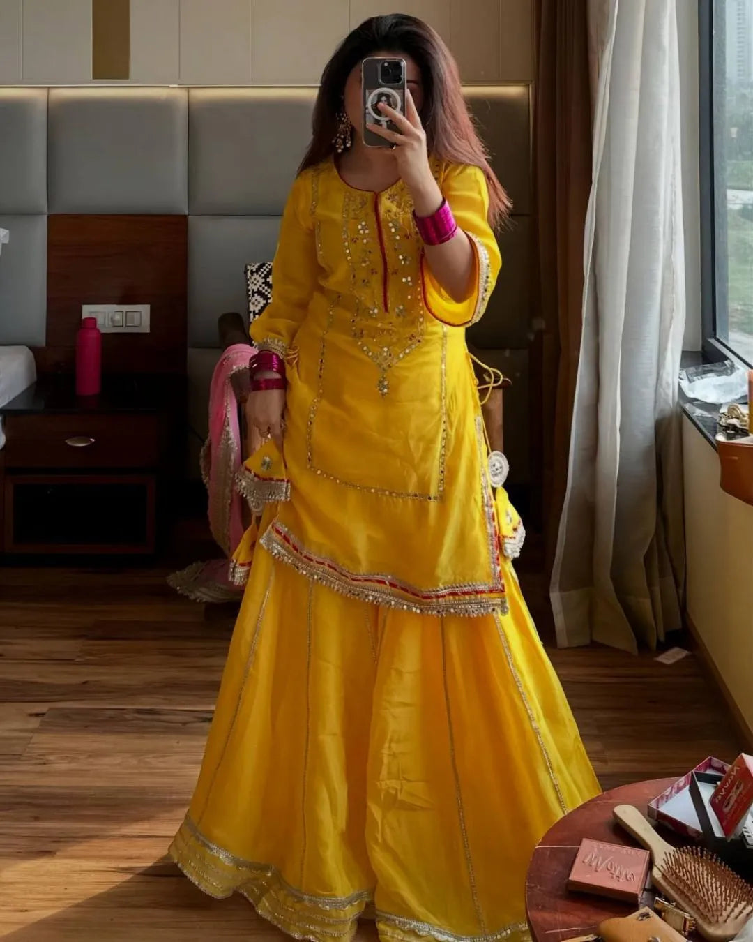 Yellow Sharara Suit Party Wear – Chinon Silk Embroidered Set