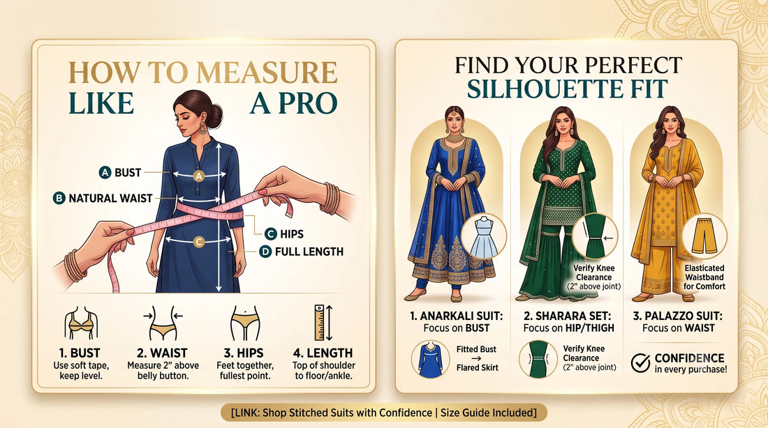 How to Measure Suit Size Online: Anarkali & Sharara Fit Guide