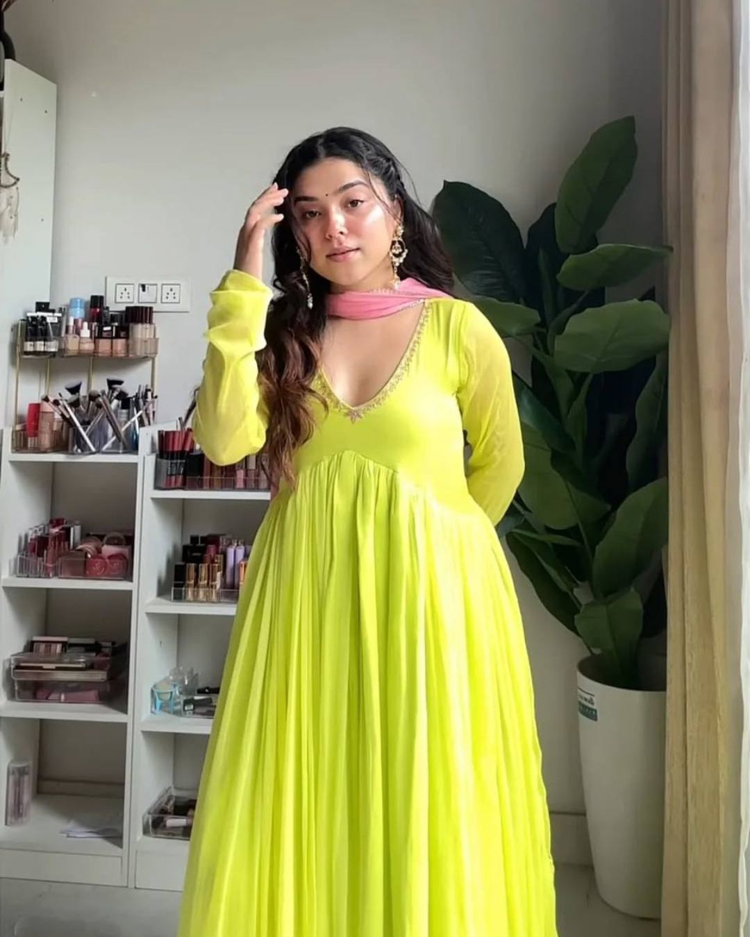 Lime Green Georgette Anarkail Gown Suit Set