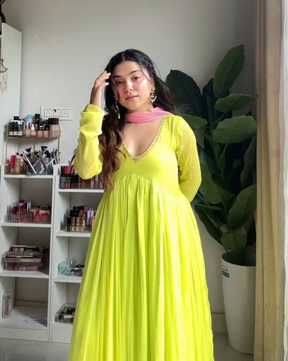 Lime Green Georgette Anarkail Gown Suit Set