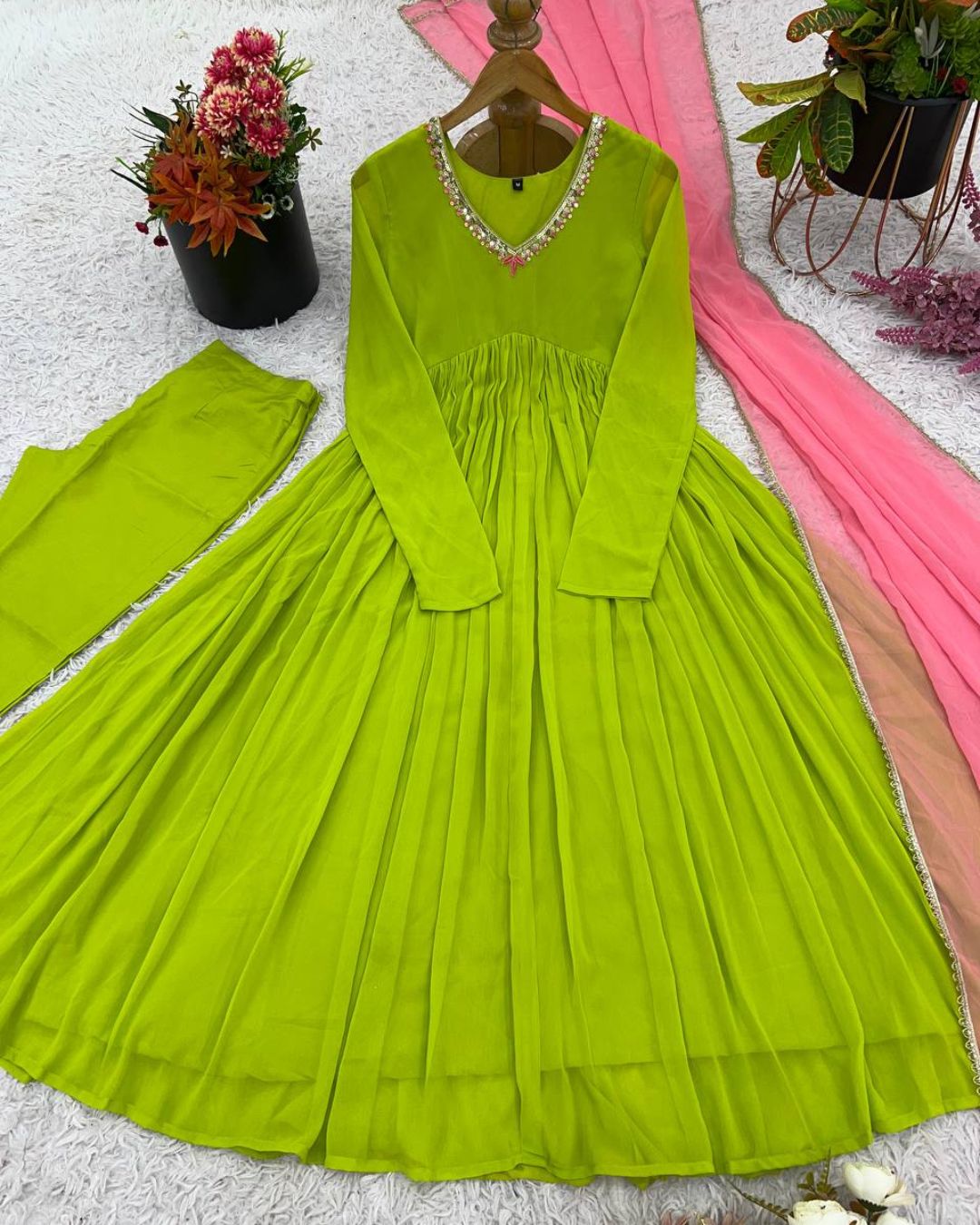 Lime Green Georgette Anarkail Gown Suit Set