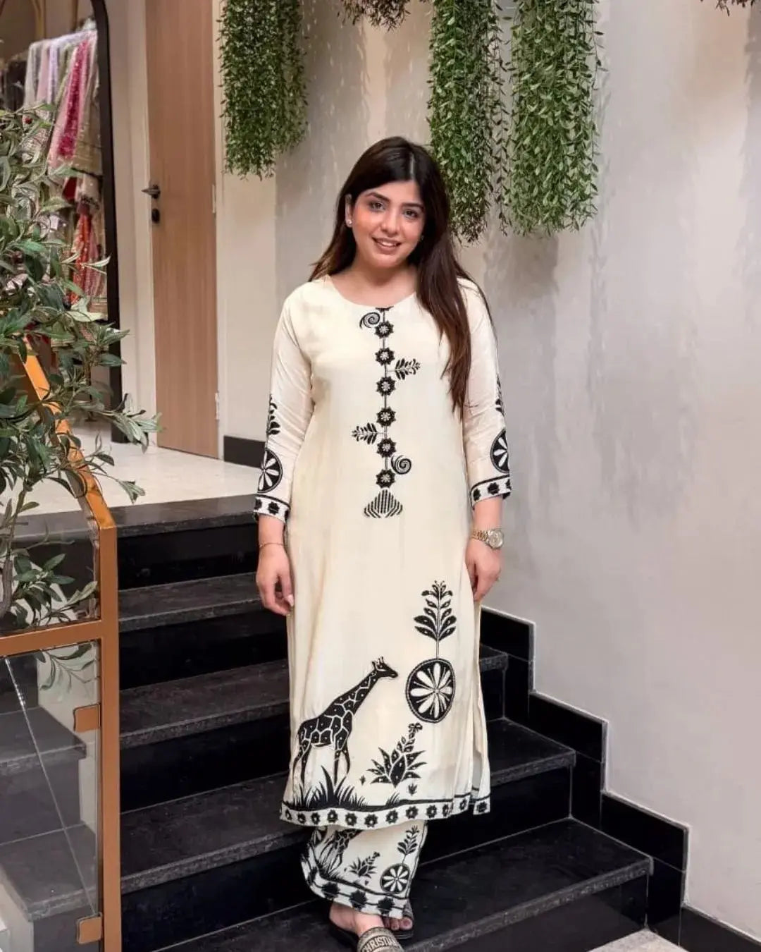 Chanderi Silk Cream Colour Kurti Palazzo Set