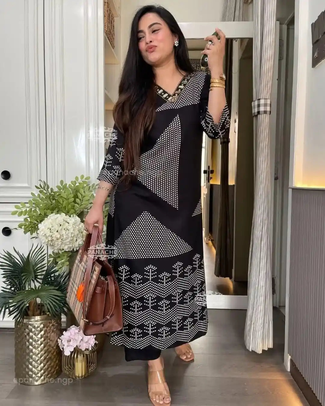 Geometric Black Cotton Kurti With Pant Set