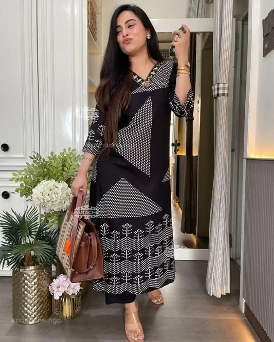 Geometric Black Cotton Kurti With Pant Set