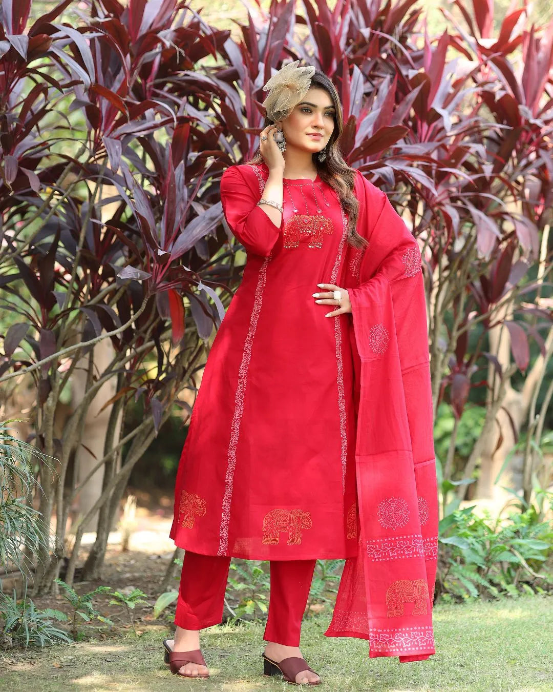 Cherry Red Pure Cotton Anarkali Suit Set