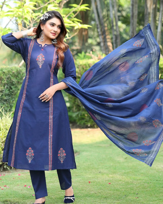 Navy Blue Mirror Work Cotton Kurta Pant Dupatta Set