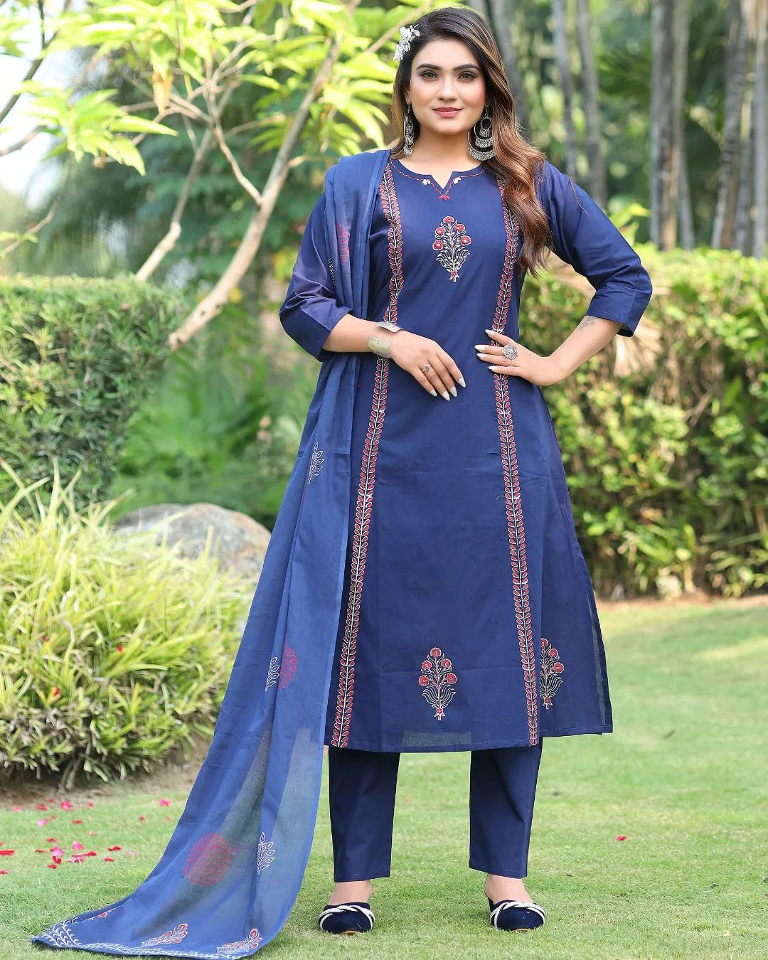 Navy Blue Mirror Work Cotton Kurta Pant Dupatta Set