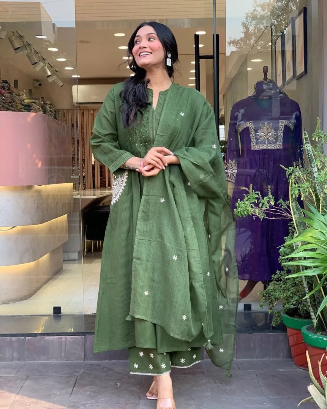 Handwork Olive Green Cotton Anarkali Suit Set