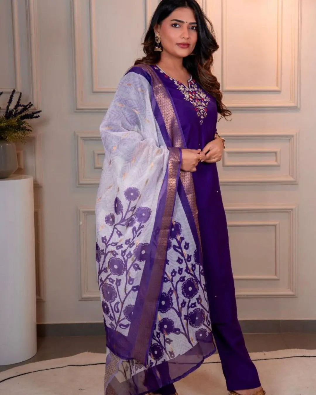Purple Handwork Straight Kurti Pant Dupatta Set