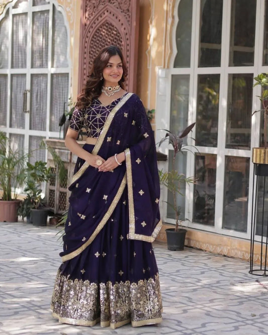 Royal Purple Embroidered Lehenga Choli with Sequins and Mirror Work