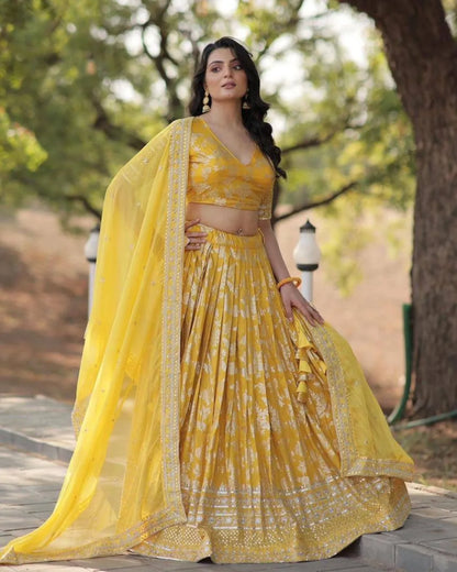 Sunshine Yellow Printed Lehenga Set with Mirror Work Border