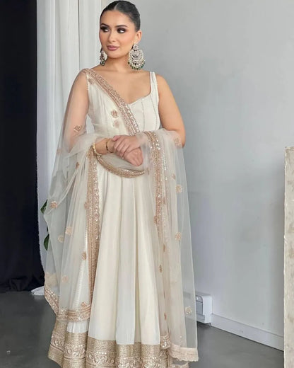 Ivory Gold Embellished Anarkali Gown with Net Dupatta