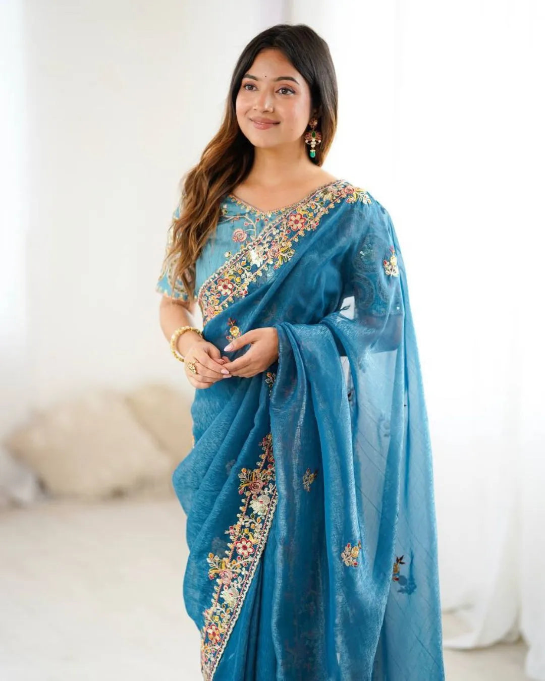 Elegant Teal Blue Organza Saree with Floral Embroidery and Designer Blouse