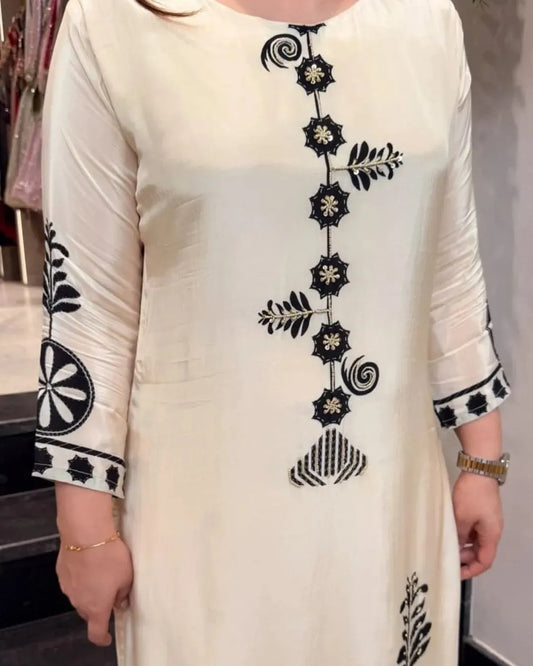 Chanderi Silk Cream Colour Kurti Palazzo Set