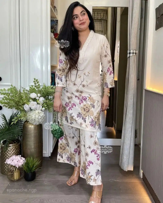 Buy Off White Cotton Kurti With Pant Set Online