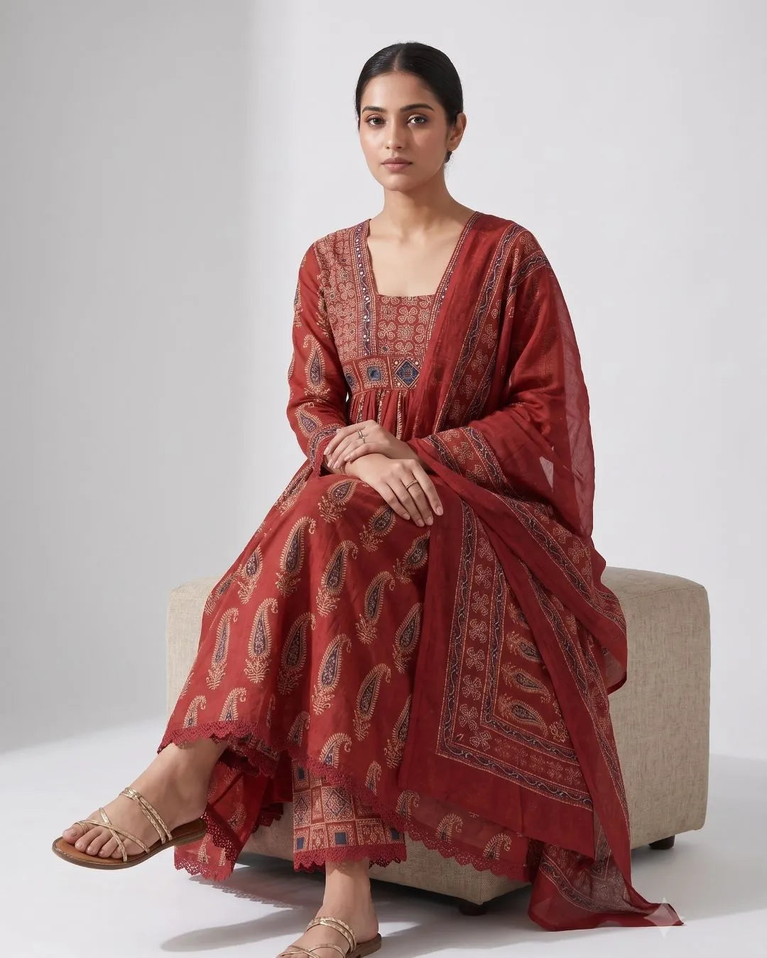 Marron Jaipuri Cotton Salwar Suit Set