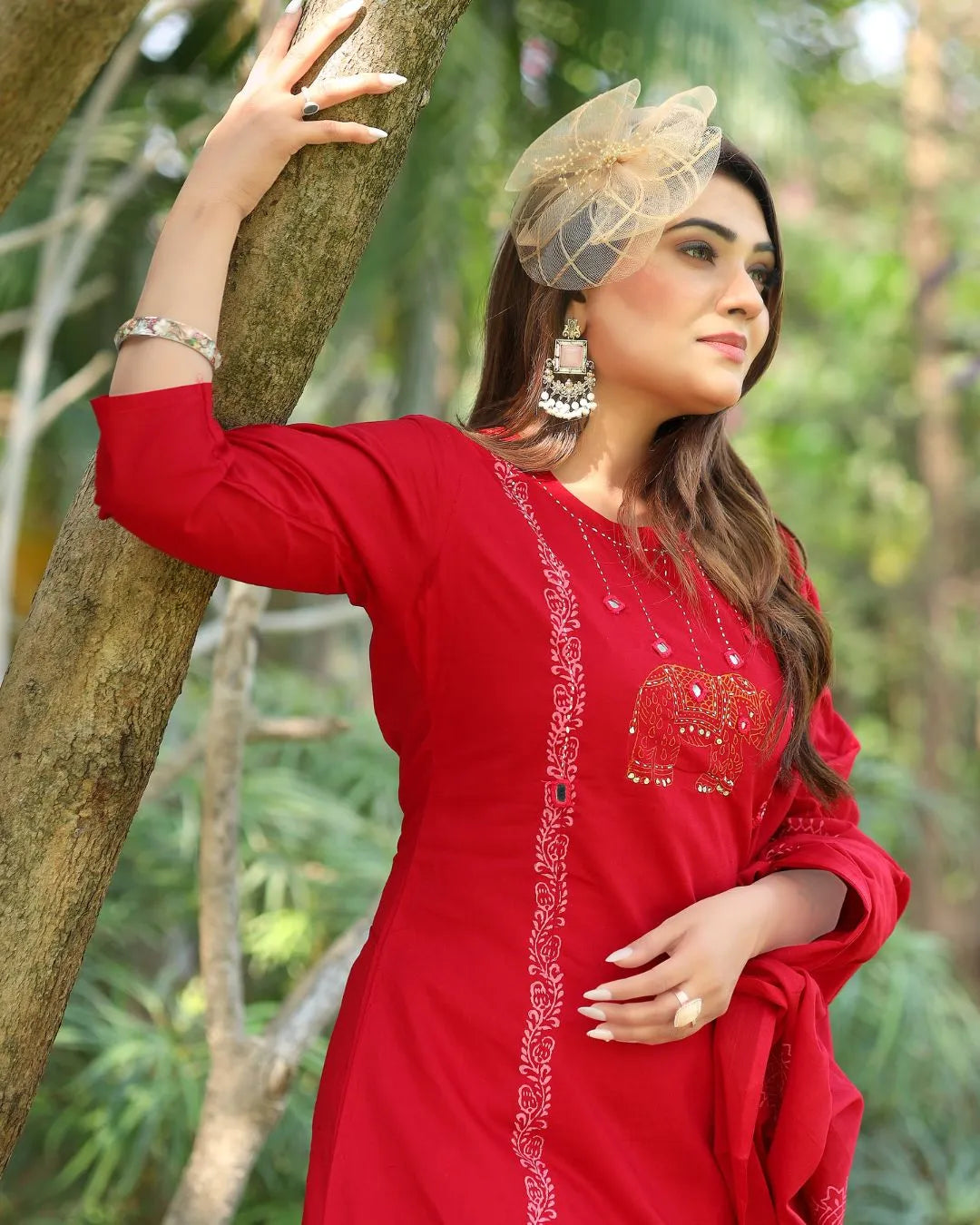 Cherry Red Pure Cotton Anarkali Suit Set