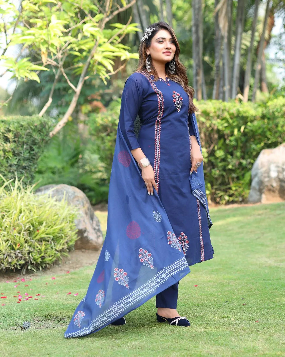 Navy Blue Mirror Work Cotton Kurta Pant Dupatta Set
