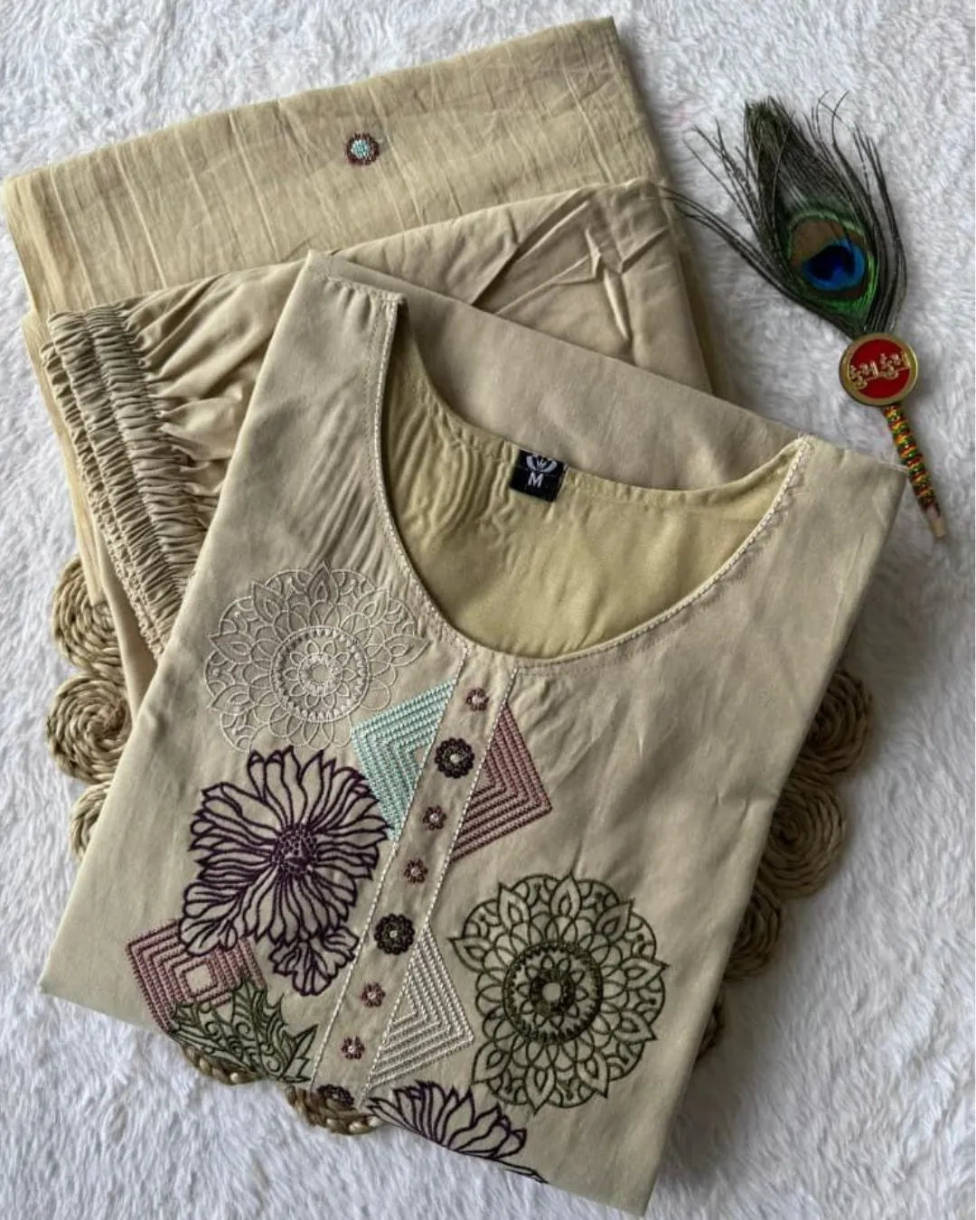 Off White Pure Cotton Hand Work Suit Set