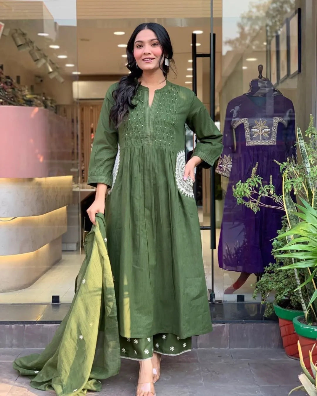 Handwork Olive Green Cotton Anarkali Suit Set