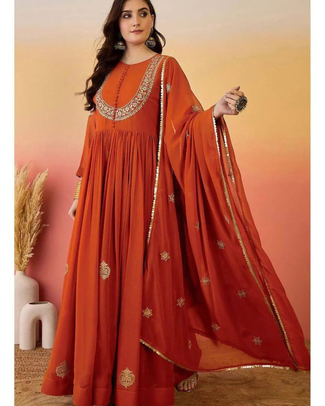 Orange Colour Anarkali Suit Set With Dupatta