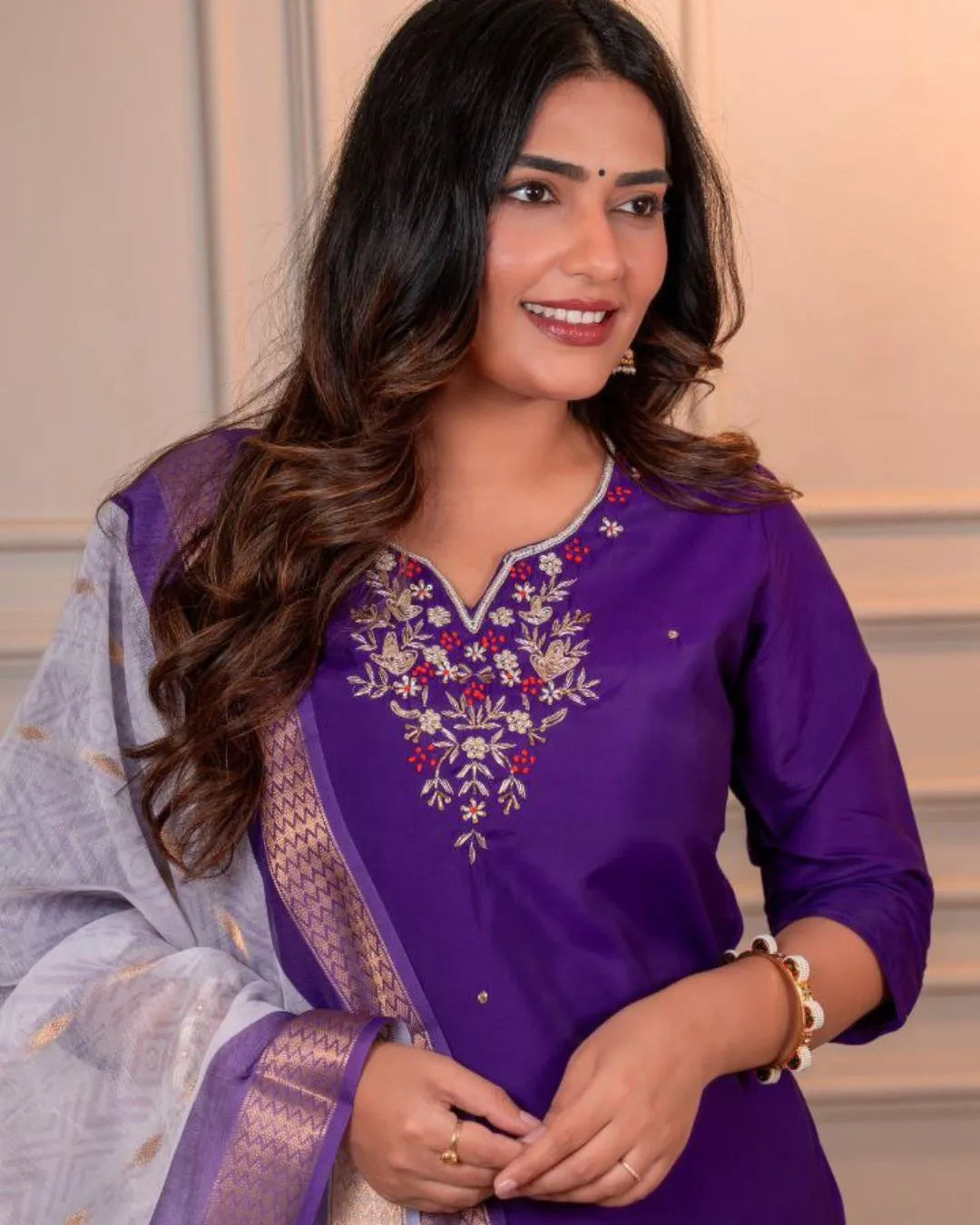 Purple Handwork Straight Kurti Pant Dupatta Set