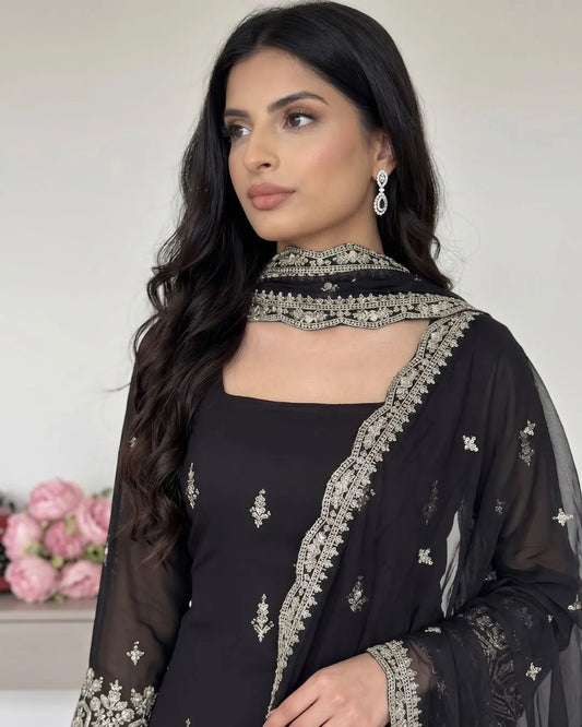 Black Party Wear Faux Georgette Salwar Suit Set with Heavy Sequin Work & Dupatta