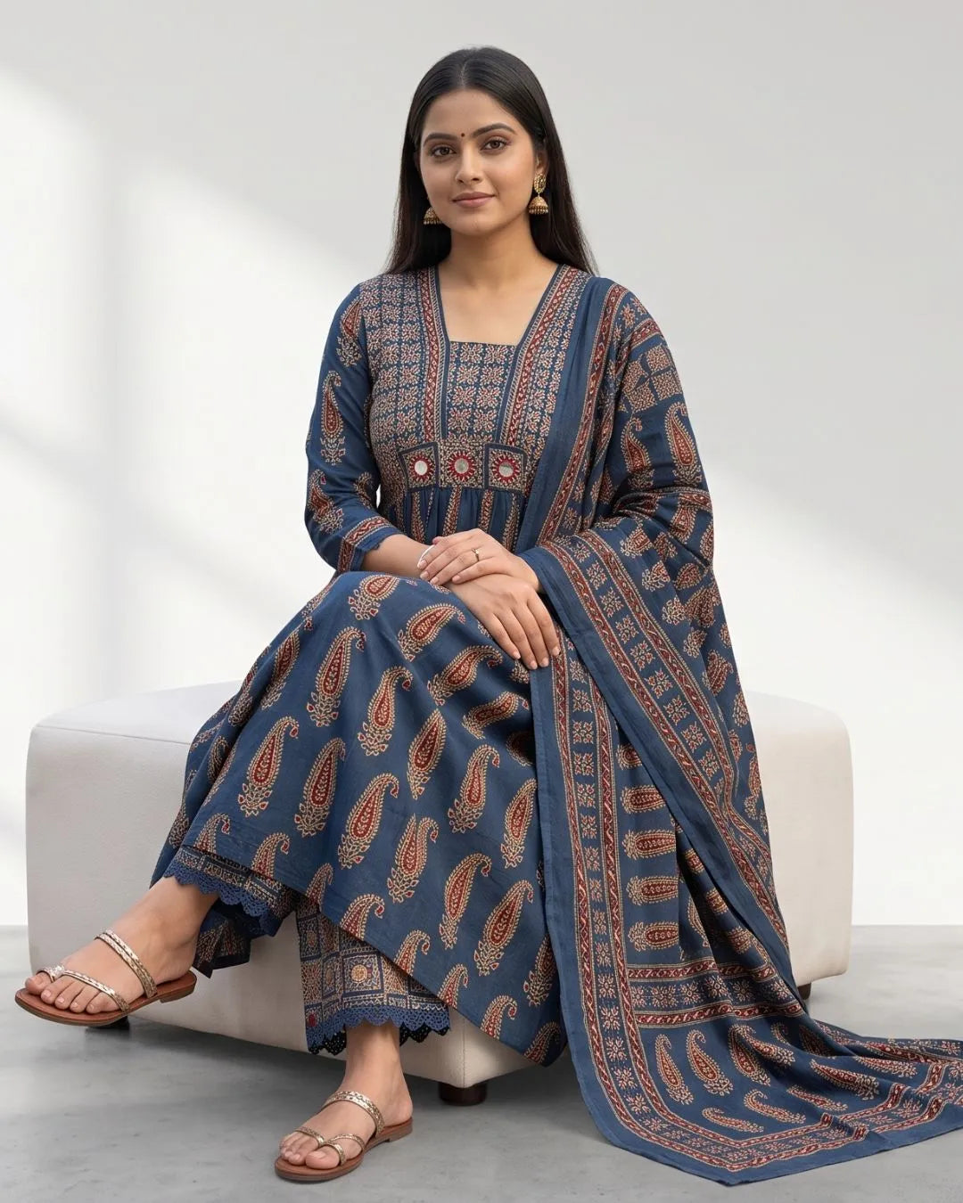 Cotton A-Line Blue Colour Bagru Print Suits With Mirror WorK