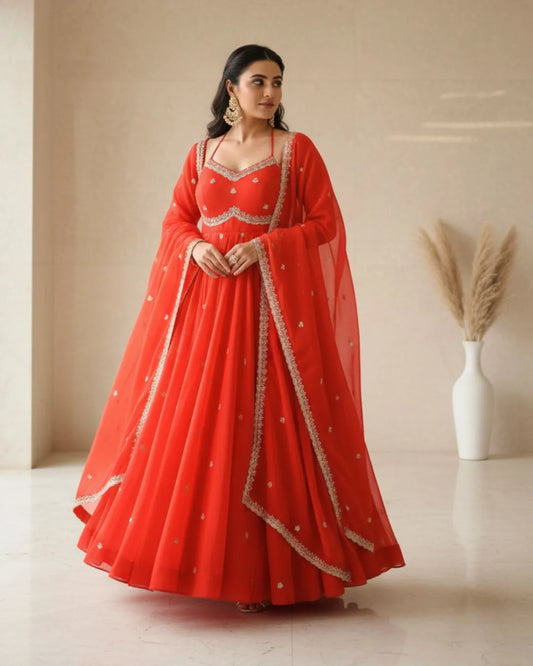 Orange Color Anarkali Dress With Dupatta Set