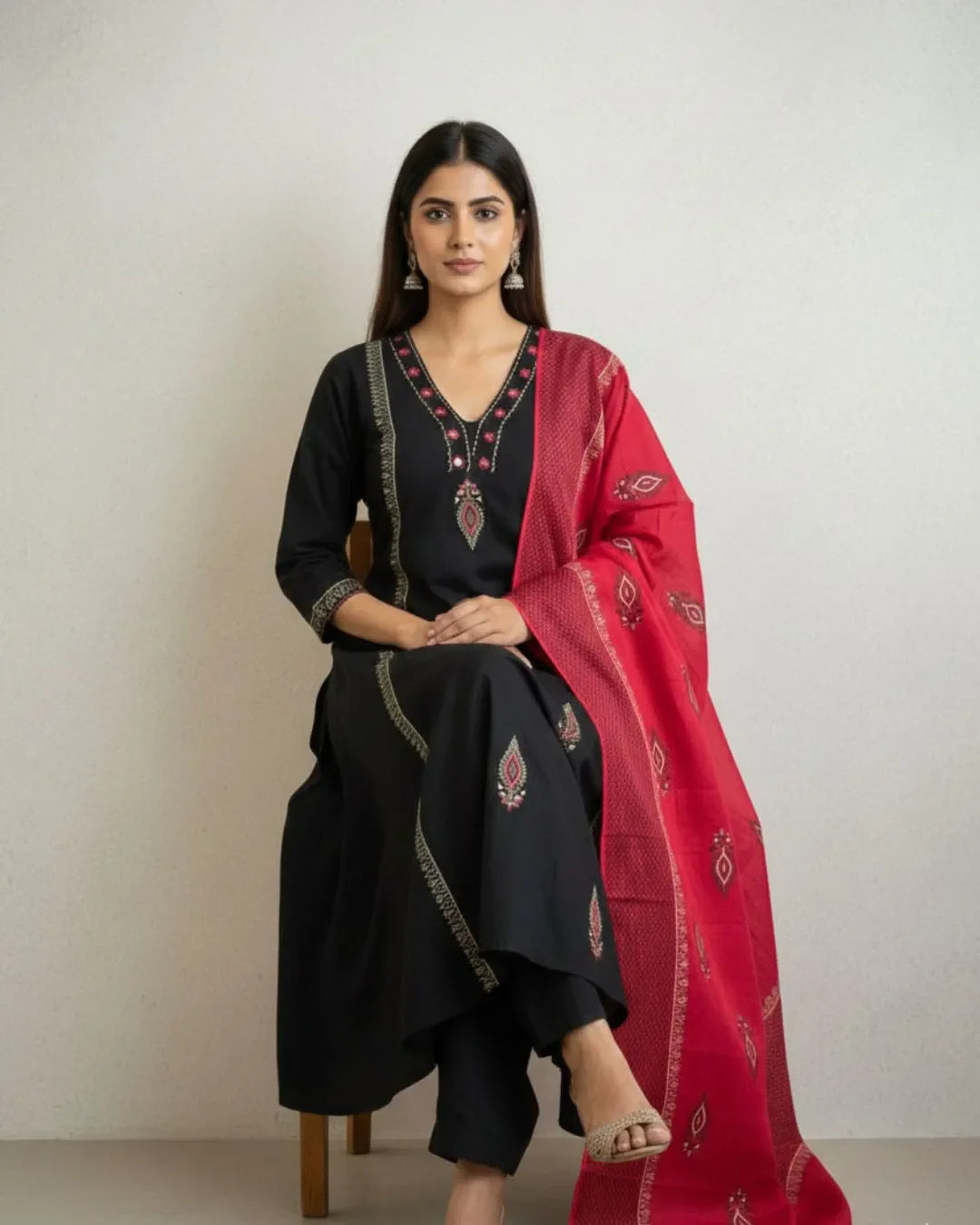 Mirror Work Black Cotton Kurti Pant Dupatta Set