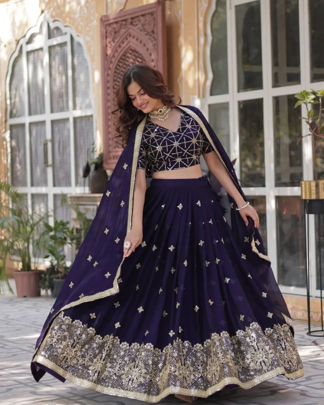 Royal Purple Embroidered Lehenga Choli with Sequins and Mirror Work