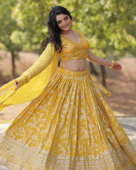 Yellow Viscose Jacquard Lehenga Choli with  Embroidery