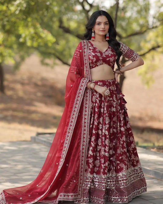 Maroon Floral Embroidered Lehenga Set with Net Dupatta