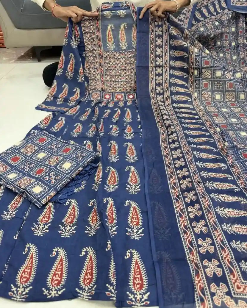 Cotton A-Line Blue Colour Bagru Print Suits With Mirror WorK