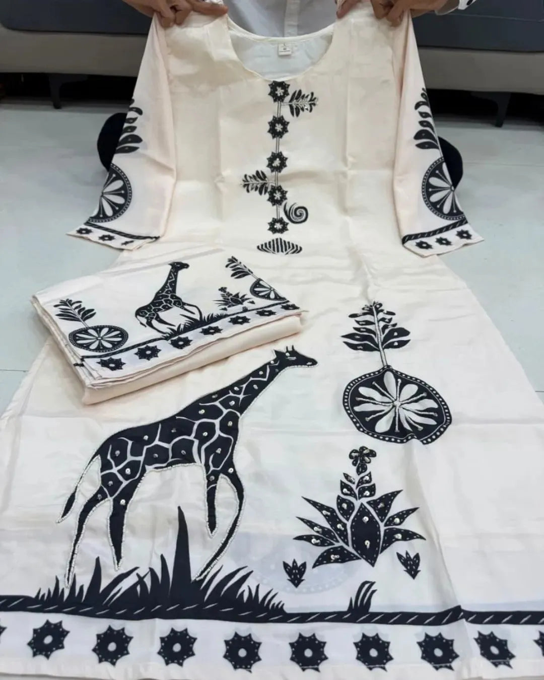 Chanderi Silk Cream Colour Kurti Palazzo Set