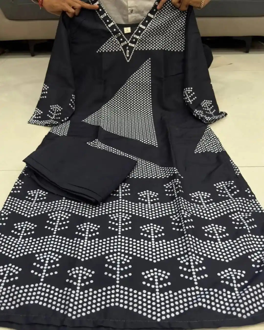 Geometric Black Cotton Kurti With Pant Set