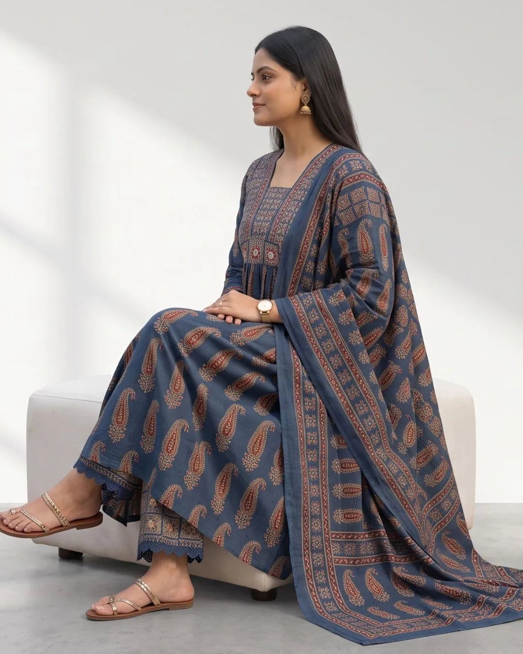 Cotton A-Line Blue Colour Bagru Print Suits With Mirror WorK