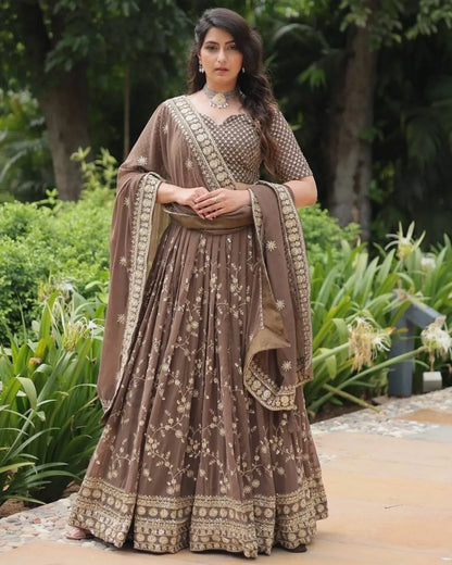 Coffee Brown Embroidered Lehenga Set with Mirror Work Dupatta