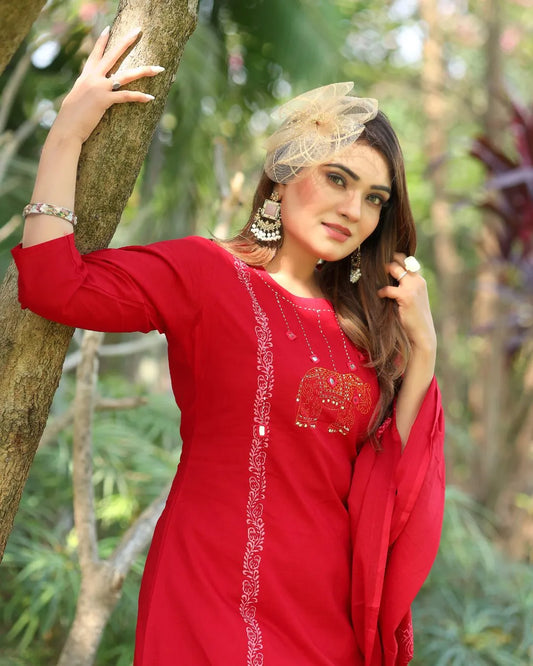 Cherry Red Pure Cotton Anarkali Suit Set