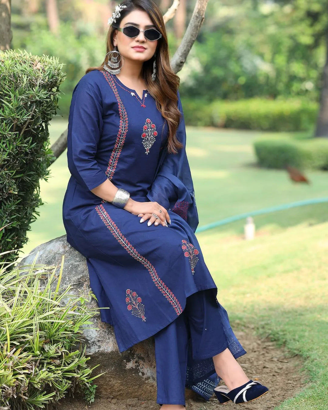 Navy Blue Mirror Work Cotton Kurta Pant Dupatta Set