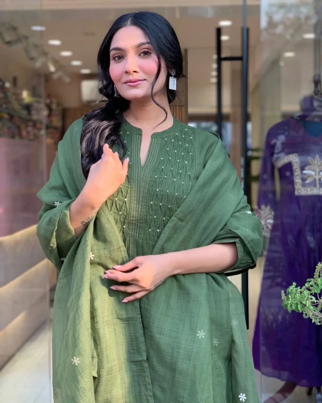 Handwork Olive Green Cotton Anarkali Suit Set