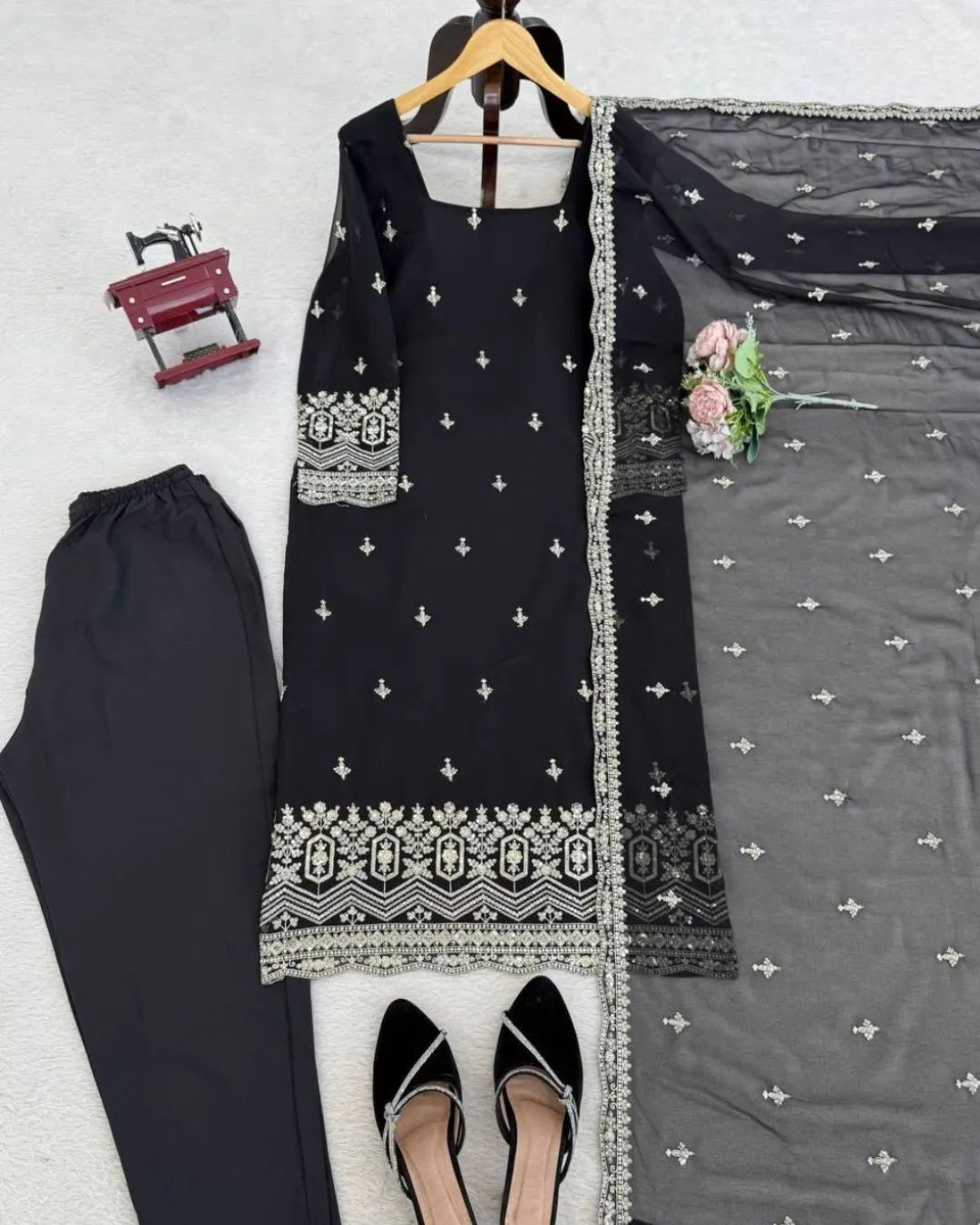 Black Party Wear Faux Georgette Salwar Suit Set with Heavy Sequin Work & Dupatta