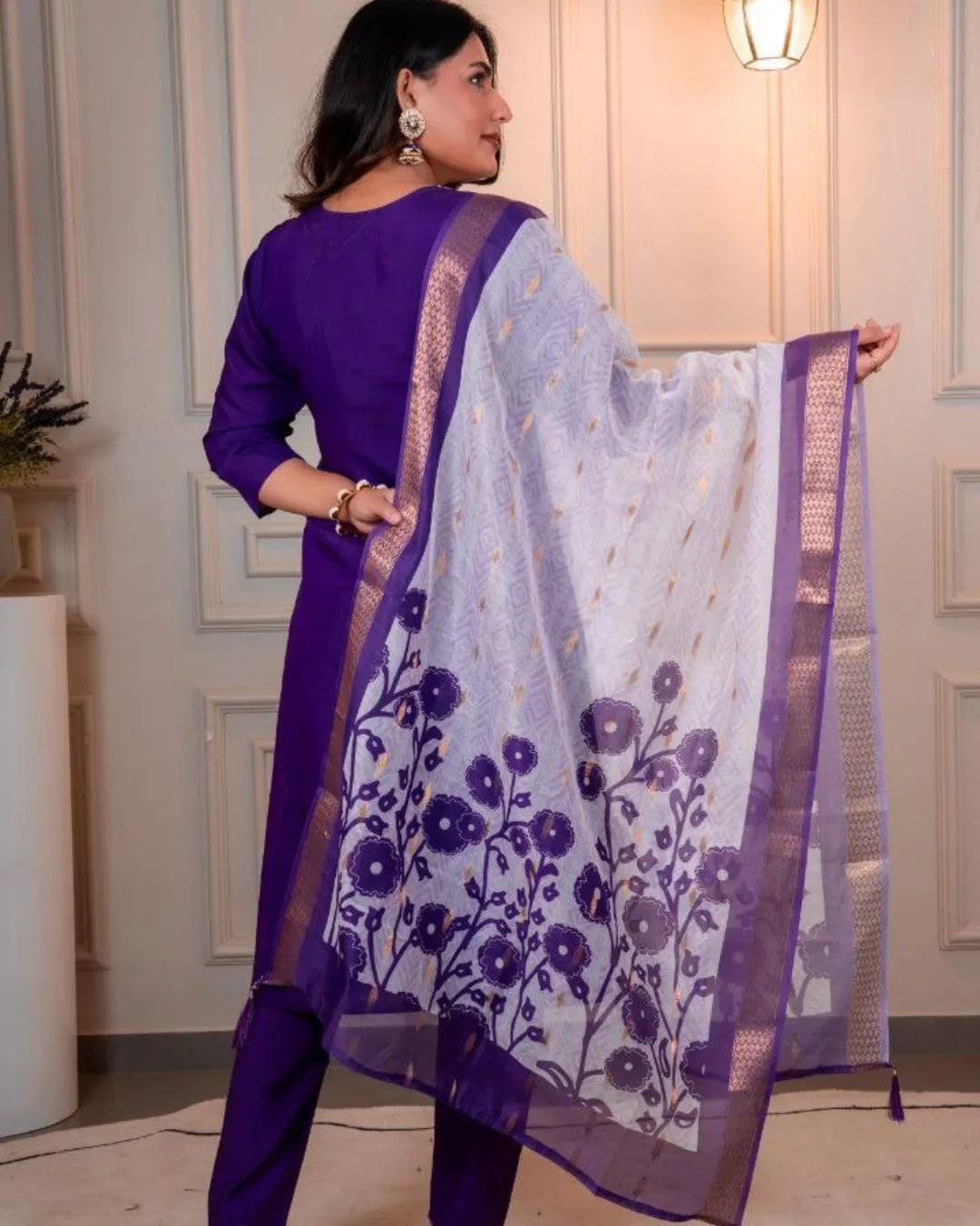 Purple Handwork Straight Kurti Pant Dupatta Set