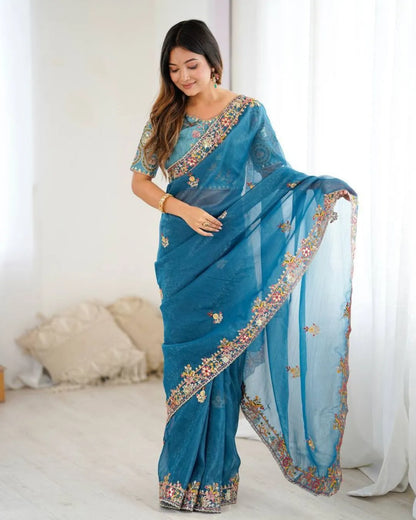 Elegant Teal Blue Organza Saree with Floral Embroidery and Designer Blouse