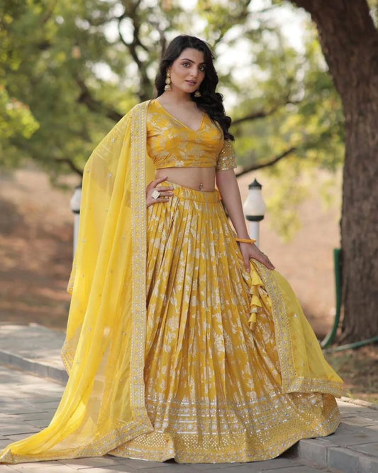Sunshine Yellow Printed Lehenga Set with Mirror Work Border
