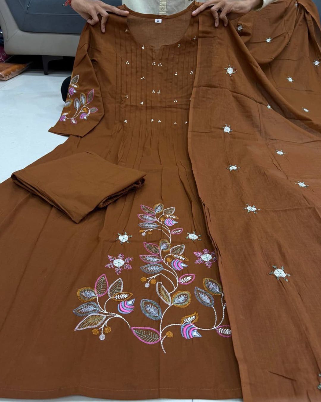 Floral Printed Brown Cotton Kurti Pant Set