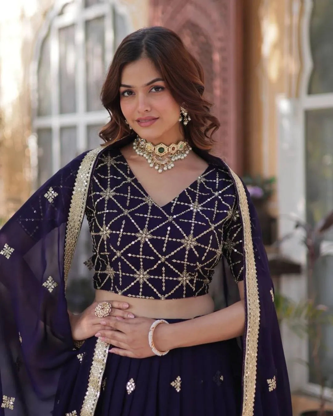 Royal Purple Embroidered Lehenga Choli with Sequins and Mirror Work